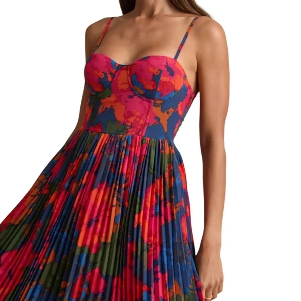 NWT Lulus Dorothy Dark Blue Pink Multi Floral Print Pleated Midi Dress S Bustier